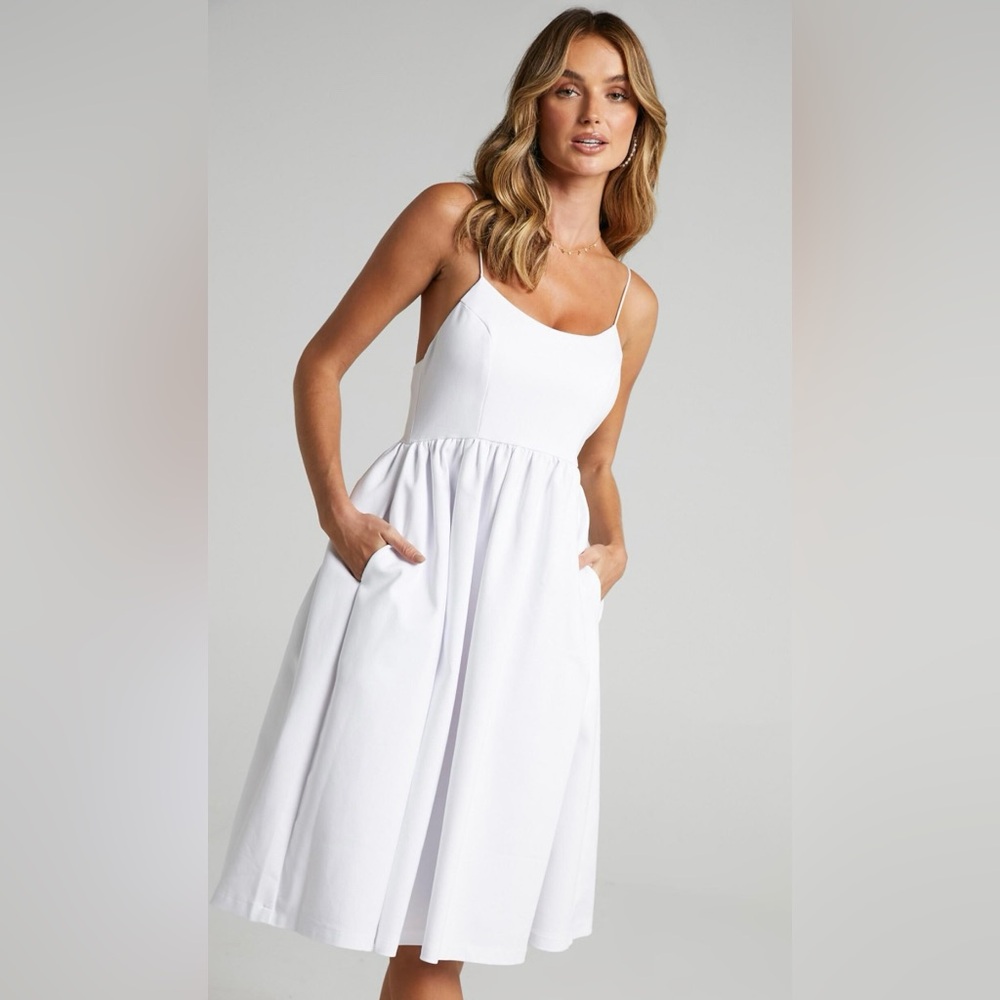 White Stretch Linen Dress US 16 - Showpo: Pockets, Working Zipper, Knee Length